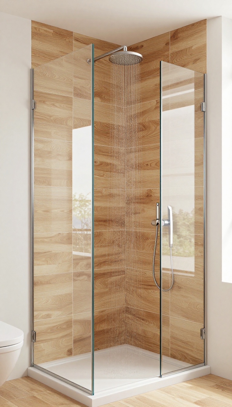 Wood-look tile shower with glass enclosure