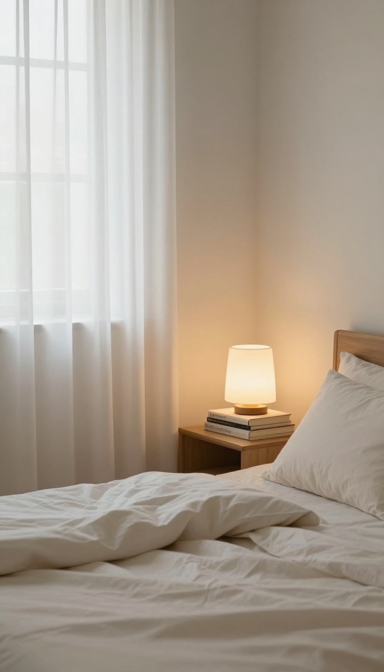 Guest bedroom with layered lighting from bedside lamp, floor lamp, and dimmed overhead light, creating a relaxed and inviting atmosphere.
