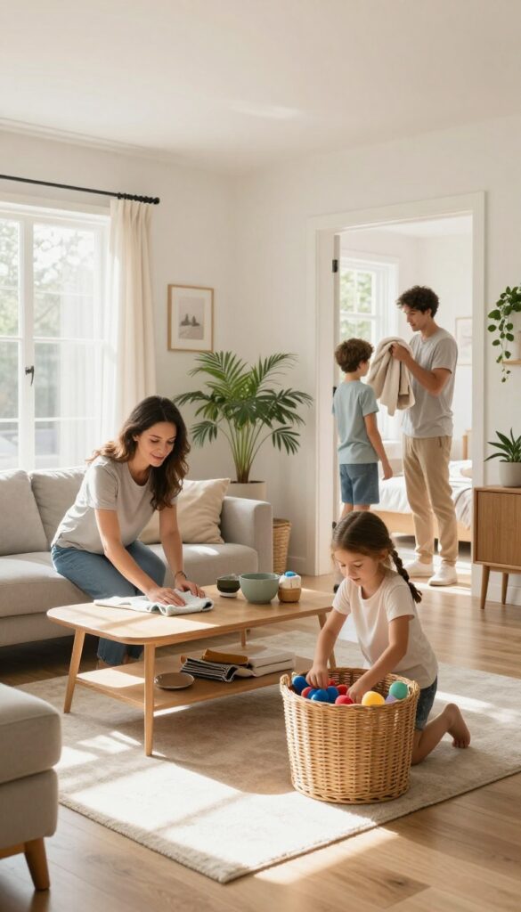 Family cleaning together in a bright living room, each member doing a simple chore.