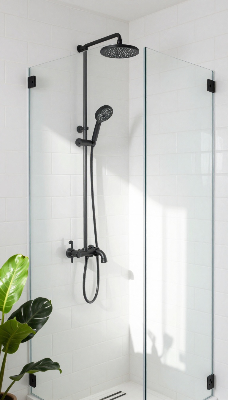 Modern shower-only bathroom with matte black fixtures against white tiles