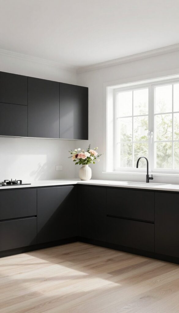 Modern kitchen with black cabinets and bright white ceiling and trim, showing contrast and natural light