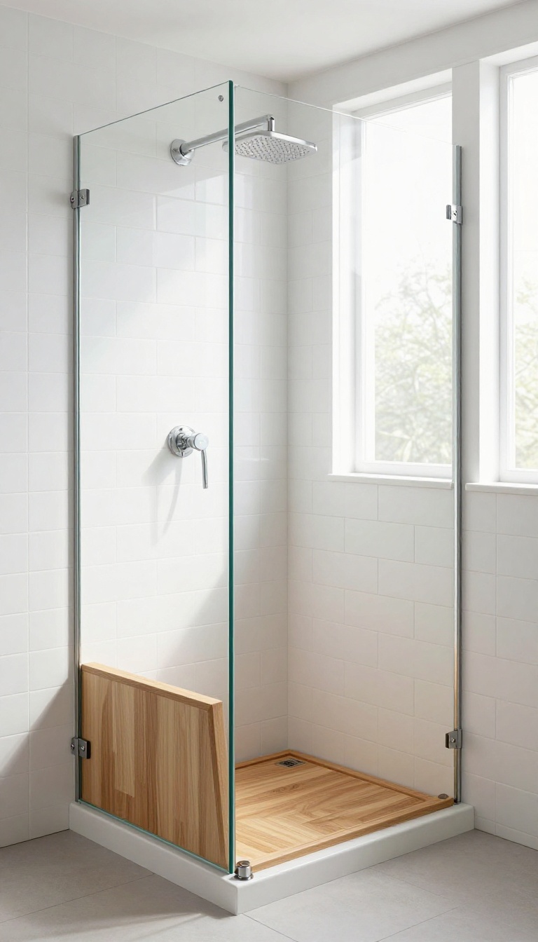 Corner shower seat in a bright, modern bathroom, providing extra legroom and a stable seating spot.