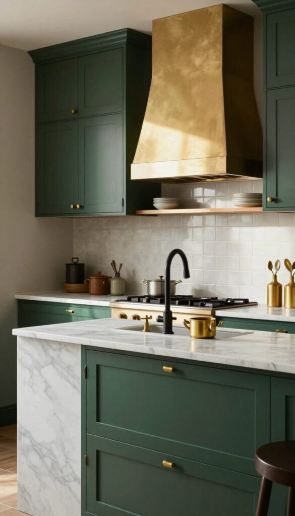 Moody kitchen with dark green cabinets and warm brass fixtures
