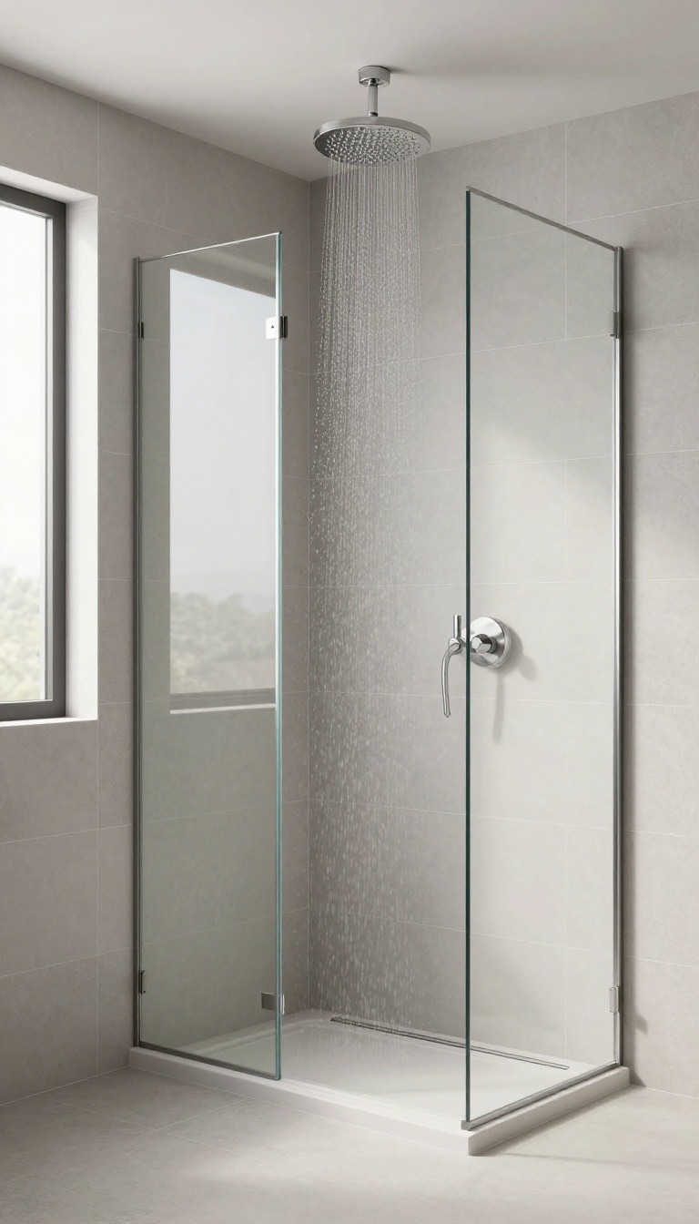 Modern walk-in shower with a linear drain integrated into the floor, creating a seamless and accessible design