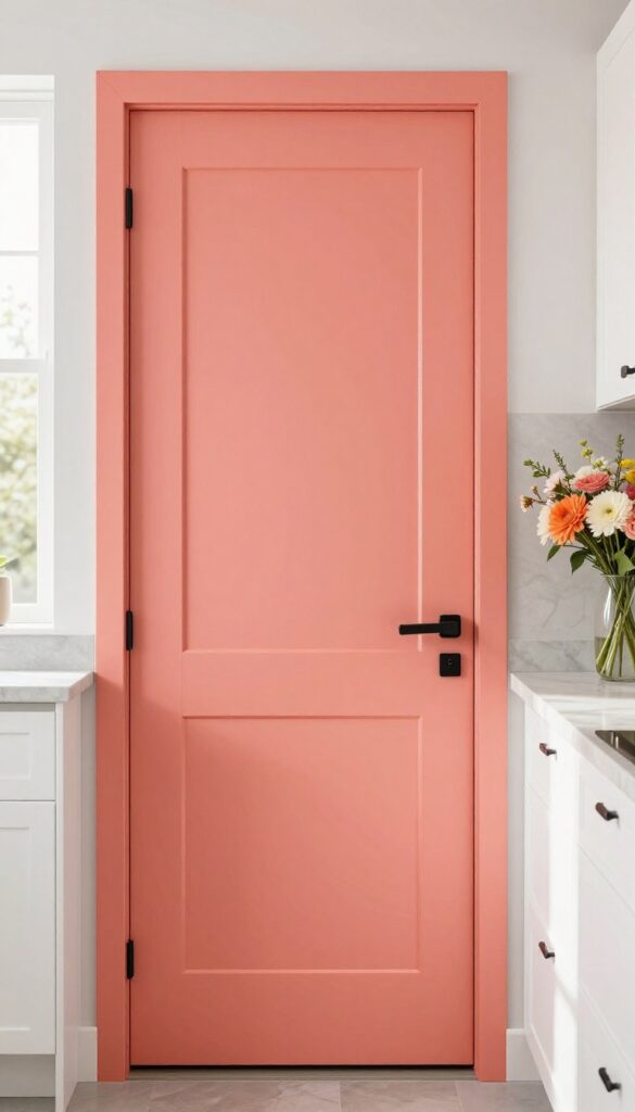 Modern kitchen with a bold coral door and white cabinets