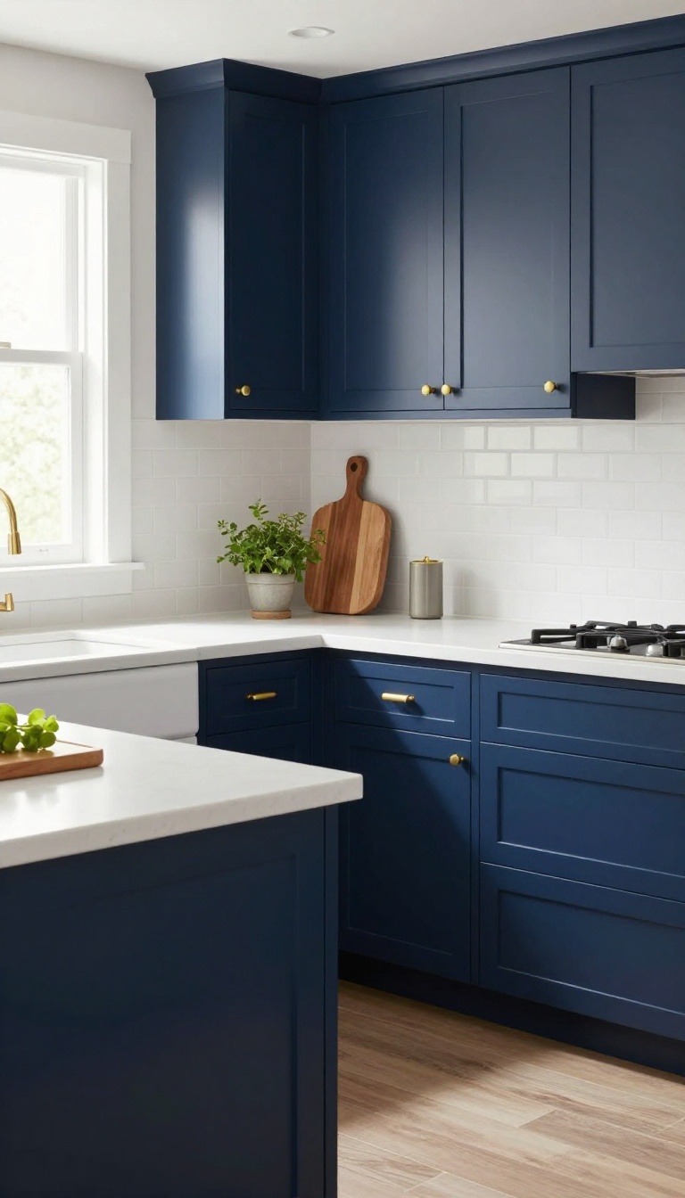 Navy blue kitchen cabinets with brass hardware and white countertops in a bright, clean kitchen.