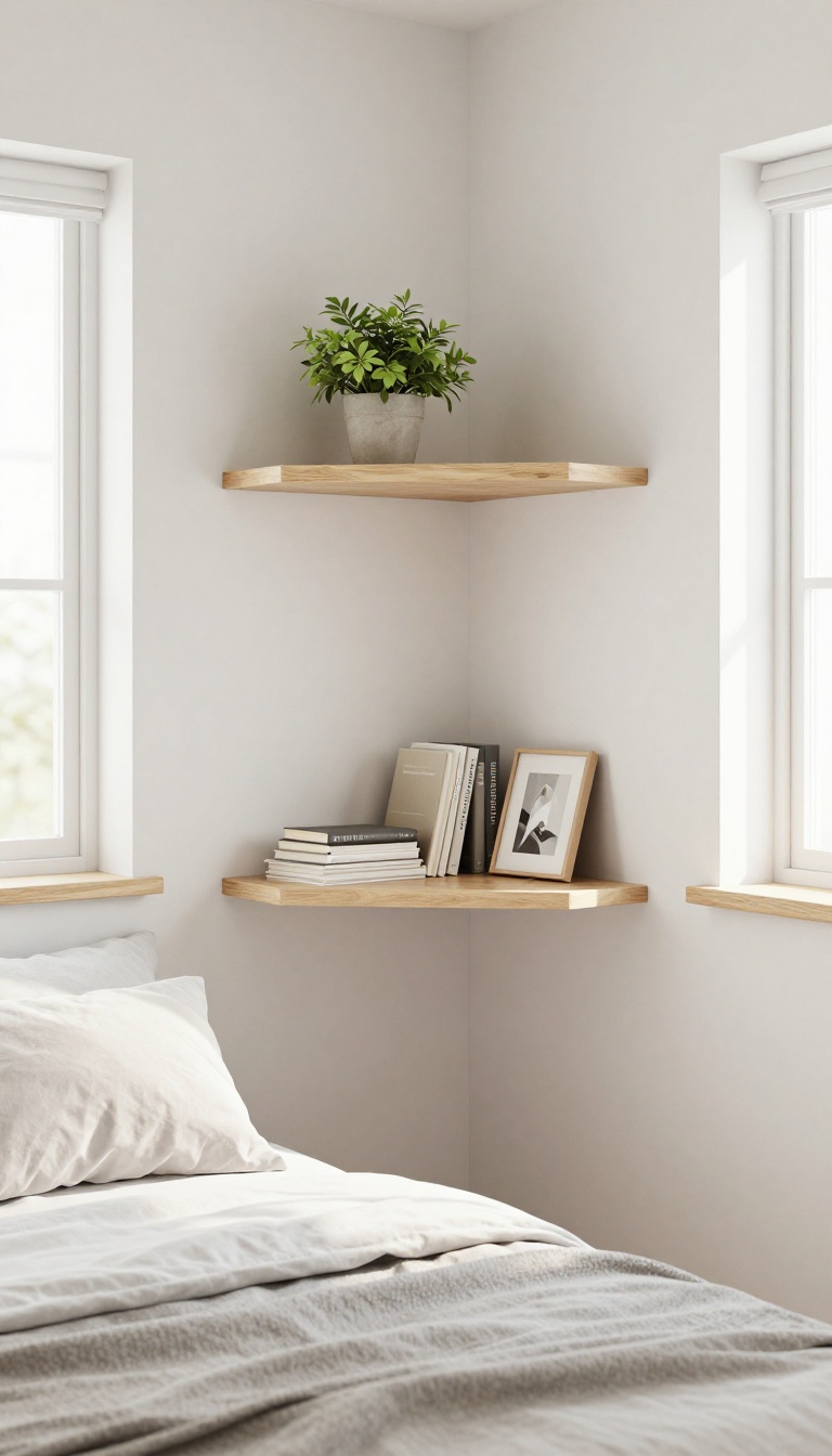 A small couple's bedroom featuring a floating corner shelf with plants, books, and a framed photo, maximizing vertical space in a bright, clean setting.