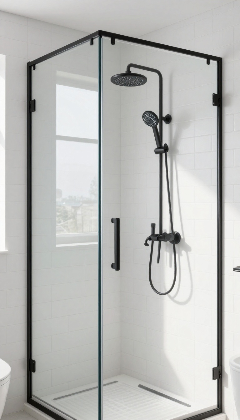 Modern enclosed shower with matte black fixtures and white subway tile, bright natural light, minimalist design