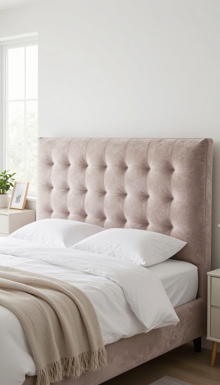 Small bedroom with a tall tufted velvet headboard and bright natural light