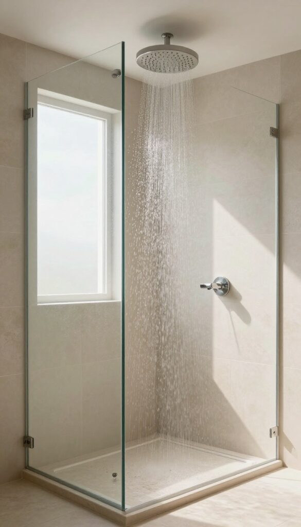Two ceiling-mounted rain shower heads in a modern bathroom creating a tropical downpour effect