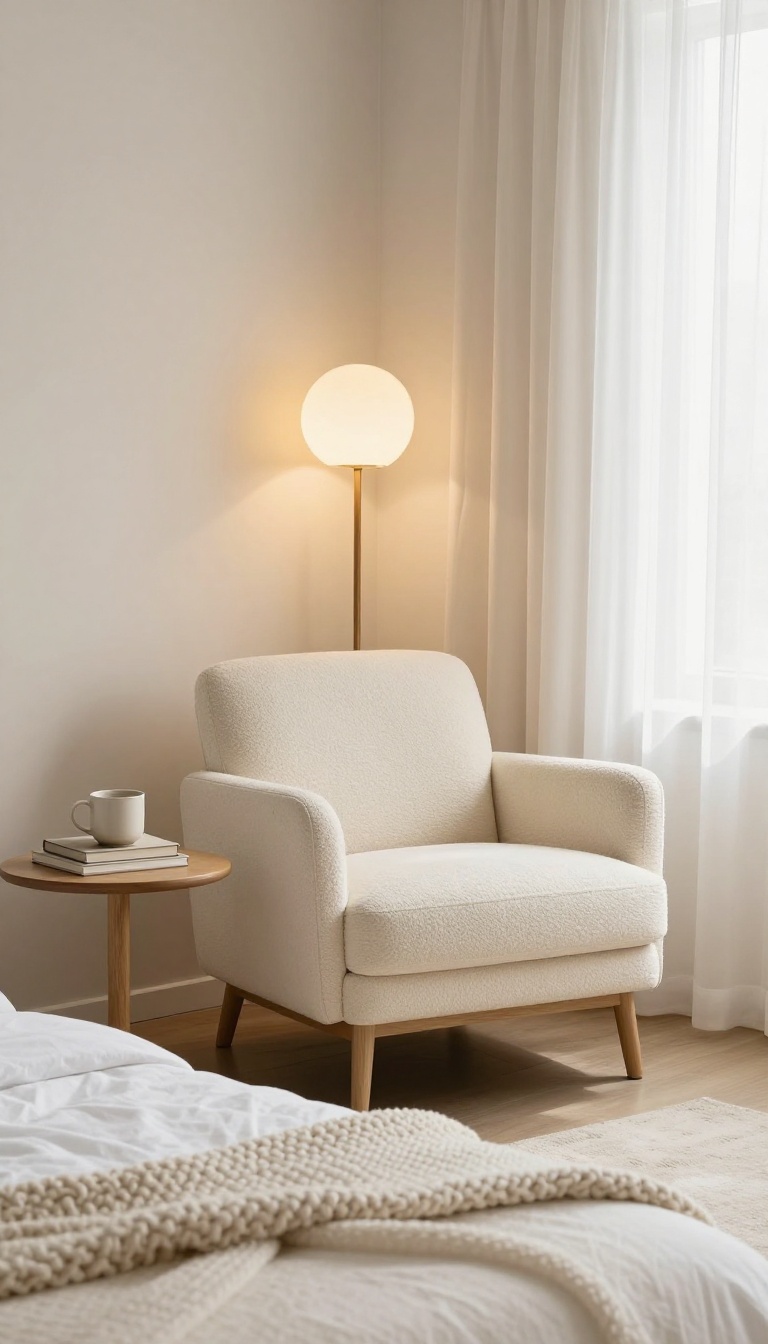 Cozy guest bedroom with a small seating nook featuring a cream bouclé armchair, wooden side table, and floor lamp in a bright, airy corner.