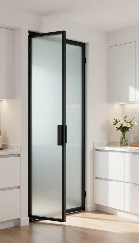 Modern kitchen with a frosted glass pocket door sliding into the wall, exemplifying a space-saving entrance solution.
