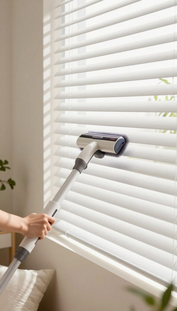 Hand vacuuming white horizontal blinds with a brush attachment in a bright room