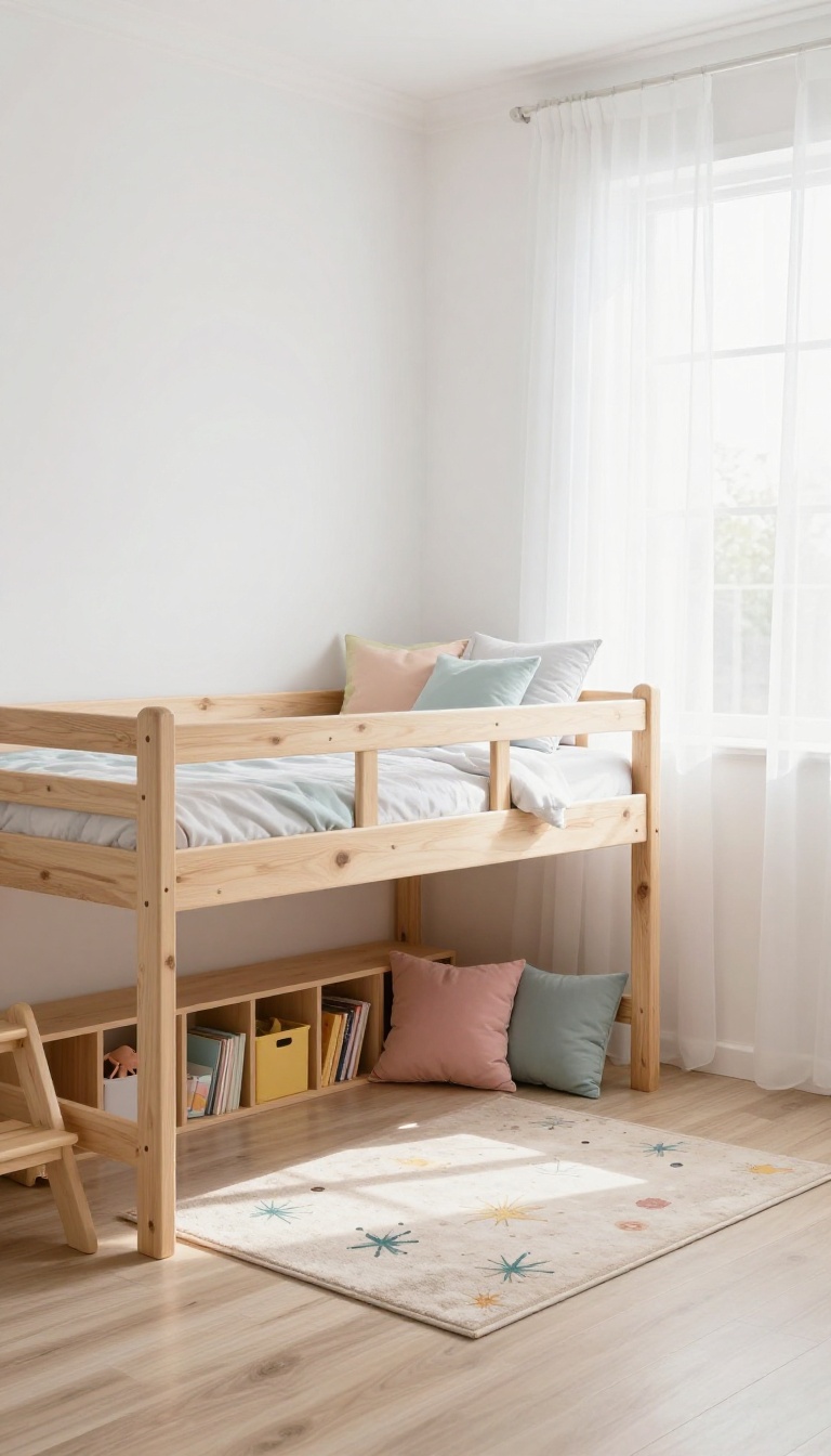 Kids' bedroom with a loft bed and a cozy reading nook underneath