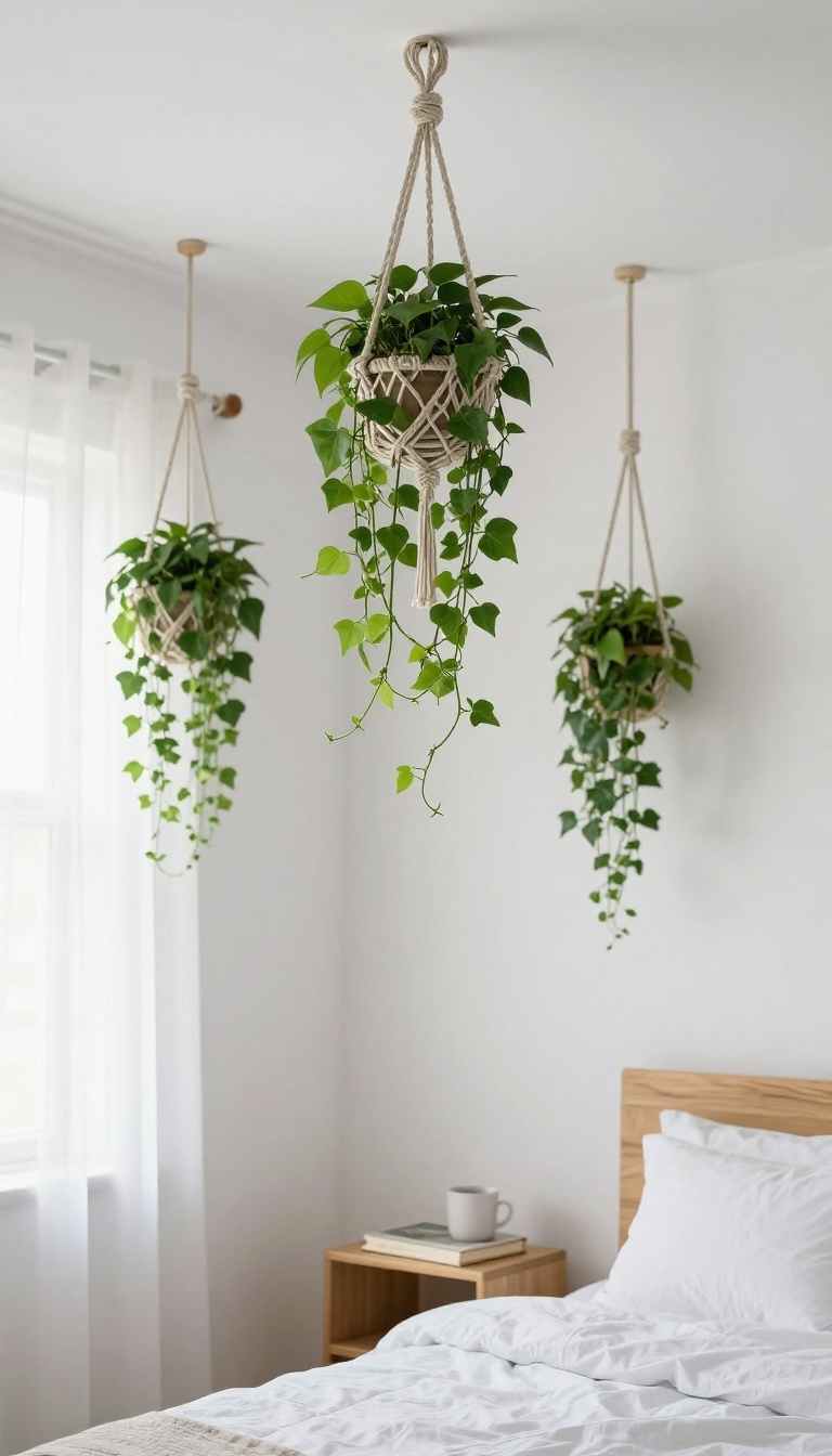 Macramé plant holder hanging from ceiling in a small bedroom with a trailing plant near a window