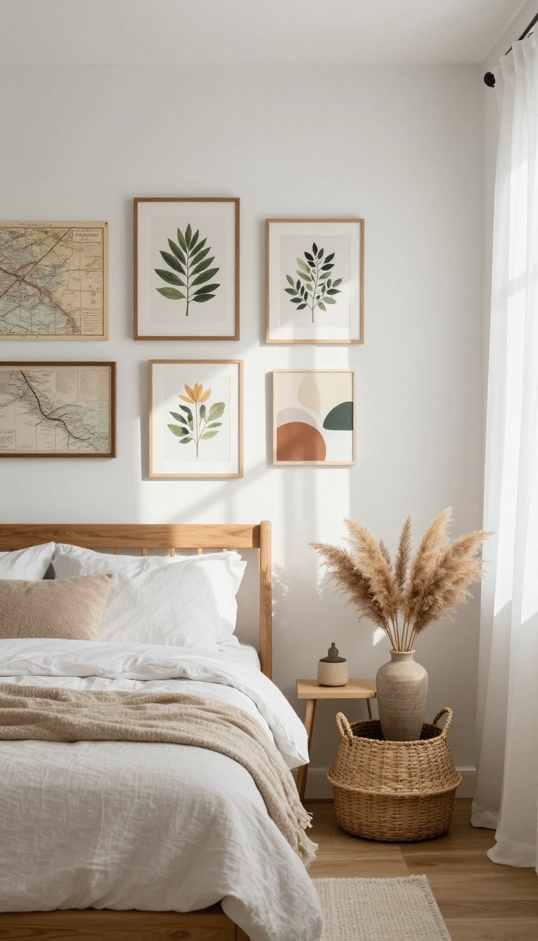 Guest bedroom with a gallery wall of personal art and decor, featuring botanical prints, a vintage map, and a ceramic vase, styled with neutral linens and natural light.