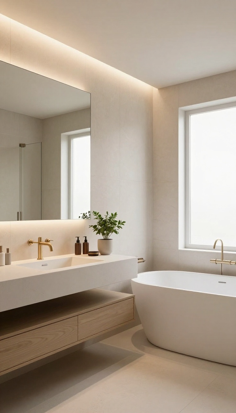 Modern guest bathroom with dimmable LED lighting, warm glow, and minimalist decor.