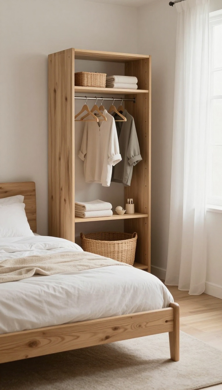 Guest bedroom with clear storage options including a luggage rack, open closet with hangers, and baskets for organization