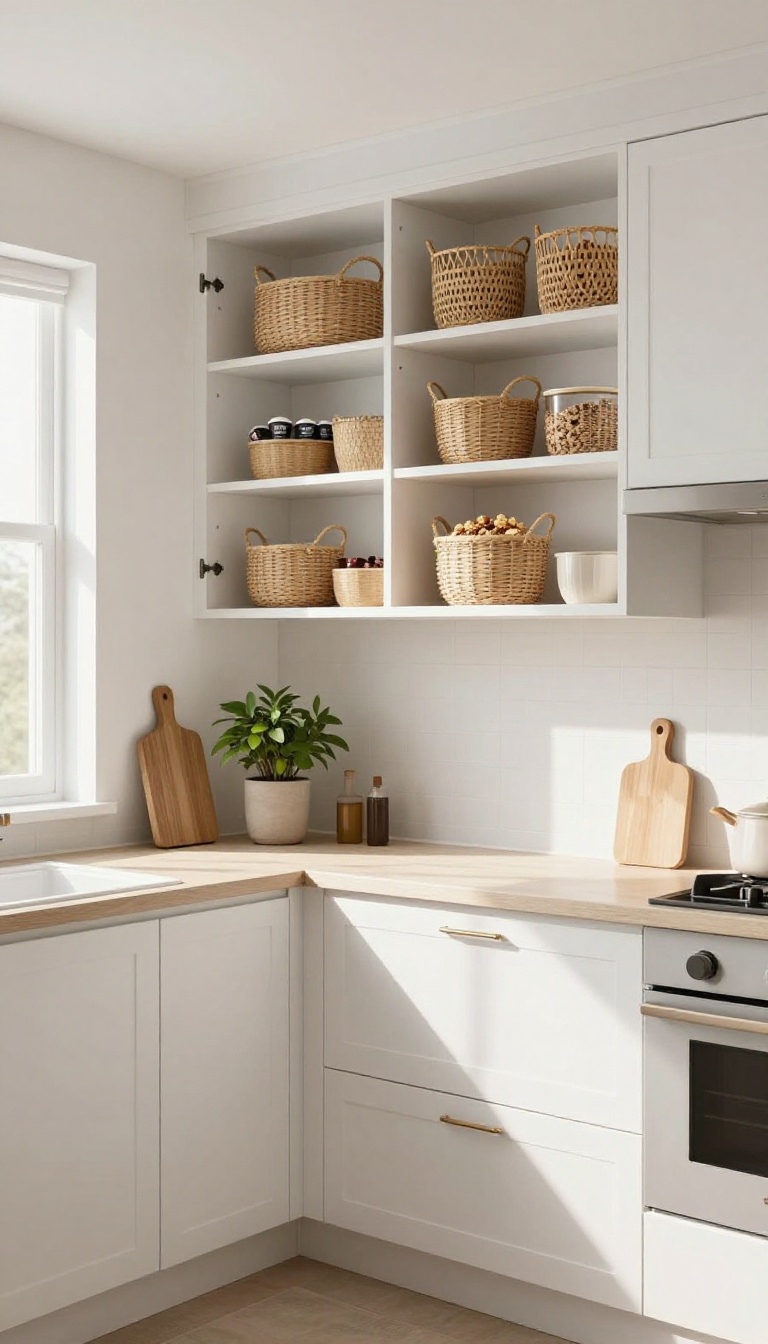 Open upper kitchen cabinets with woven baskets for flexible storage, styled with natural light and minimalist decor.