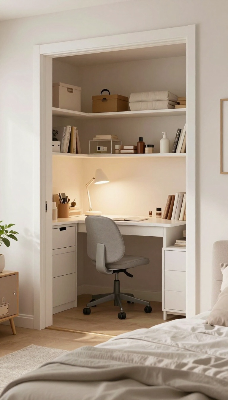 Guest bedroom with a closet office hideaway workstation, showing a compact desk and shelves inside an open closet