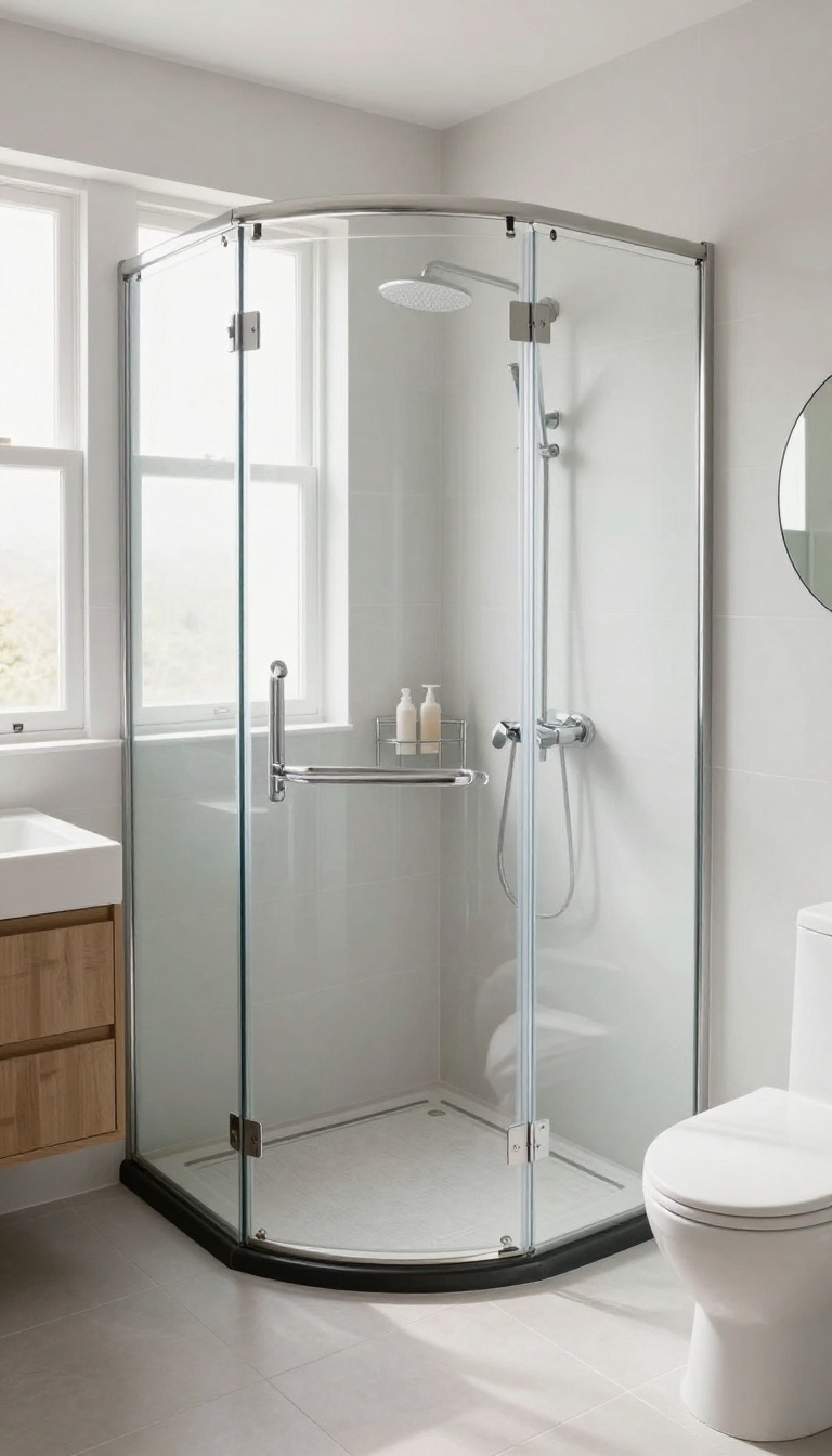 Compact bathroom with a corner shower tray, clear glass enclosure, and open floor space.
