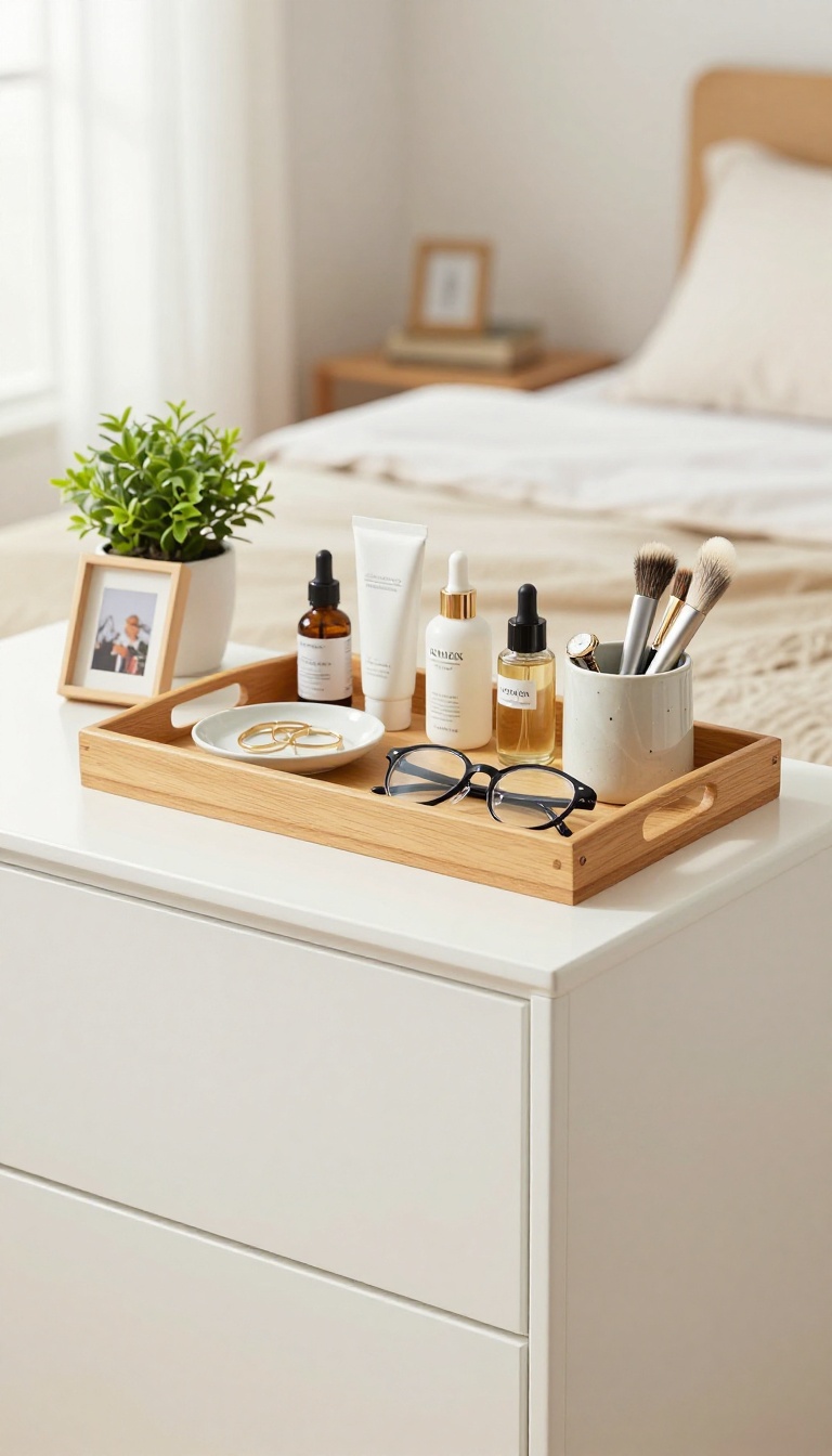 A wooden tray on a dresser holding daily essentials in a cozy small bedroom