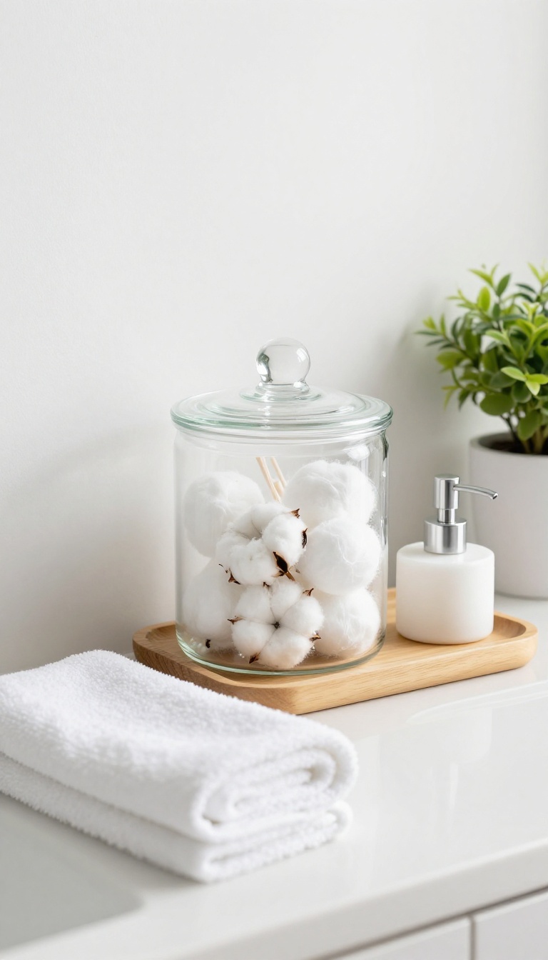 Glass canister with cotton swabs and balls on a bathroom countertop