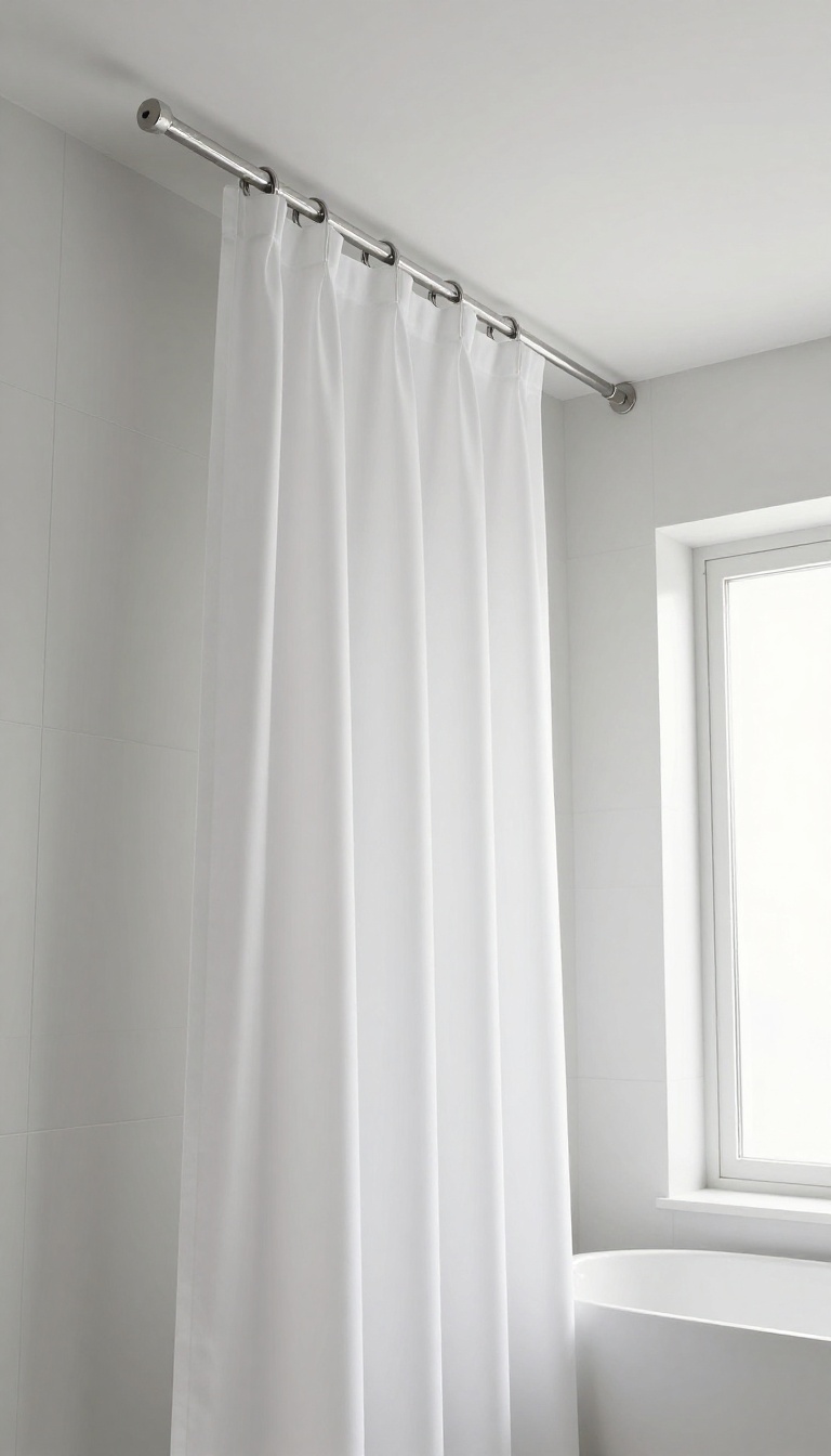 Ceiling-mounted tension rod shower curtain in a bright modern bathroom