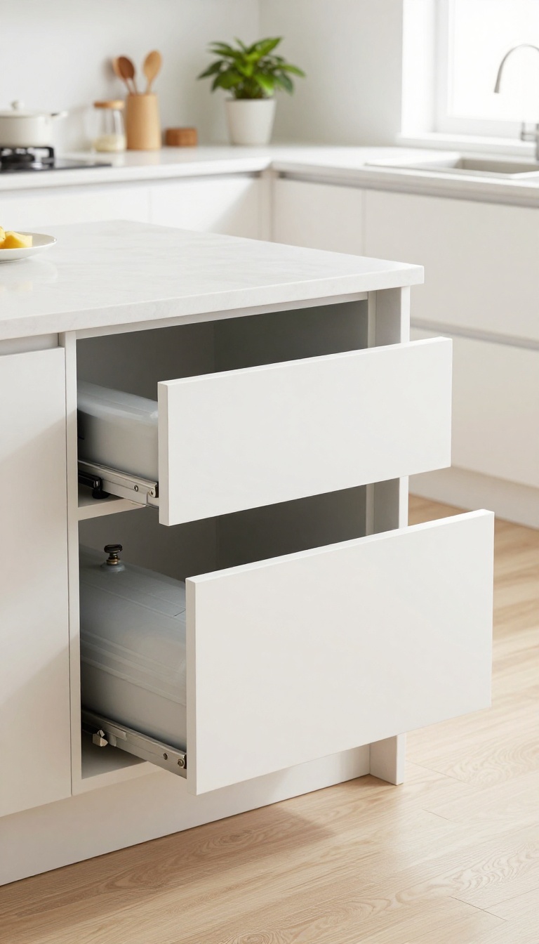 Modern kitchen island with a pull-out drawer containing a secured gas cylinder, safety lock visible, bright natural light, clean minimalist design