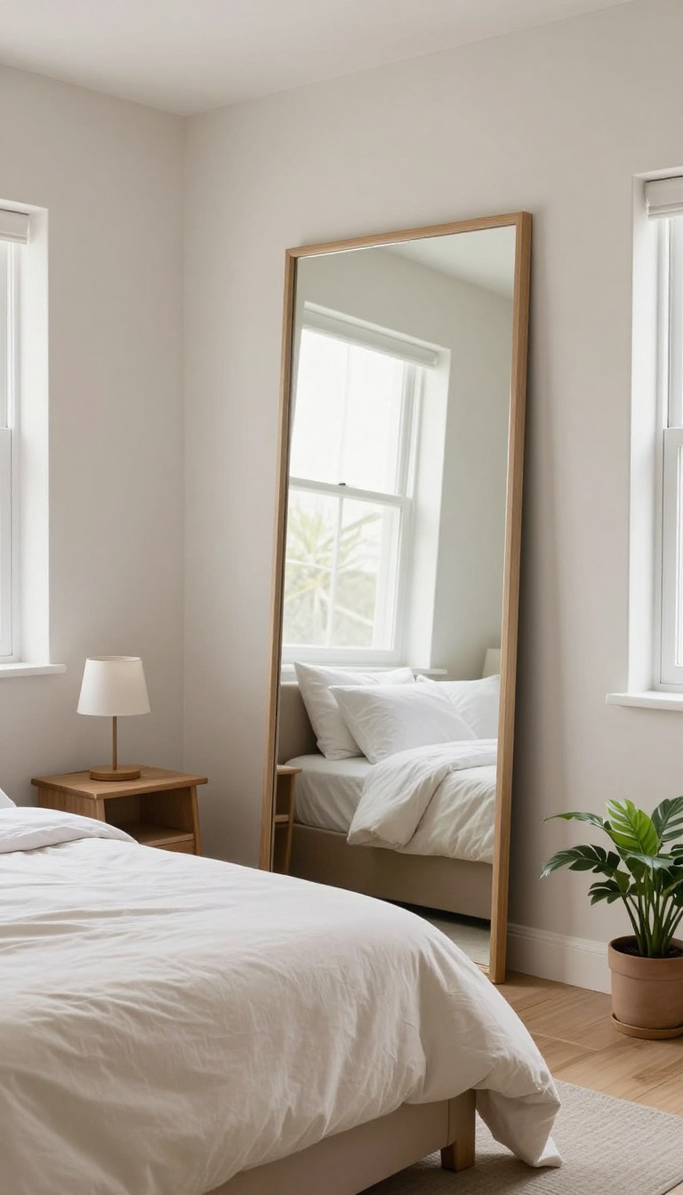A large mirror reflecting light in a small, bright bedroom, making the space feel larger.