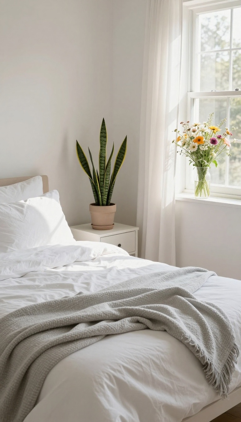 Small guest room with a potted snake plant and wildflowers on a windowsill, bright and airy