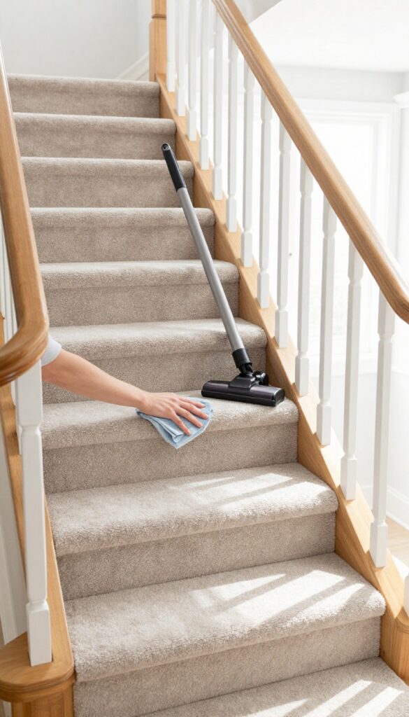 Cleaning stairs from top to bottom with a microfiber cloth and vacuum
