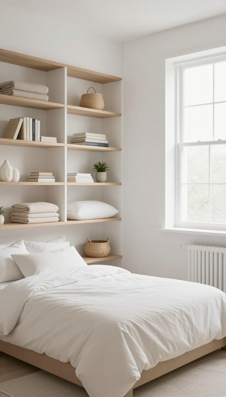 Cozy modern guest bedroom with built-in shelving for smart storage