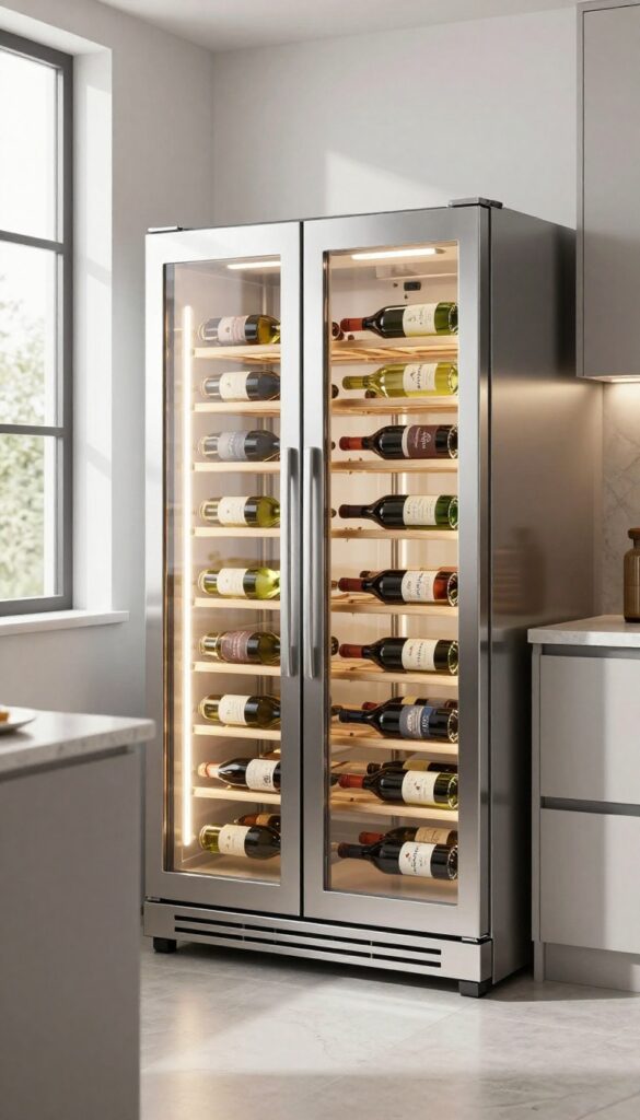 Modern kitchen with a sleek multi-zone wine refrigerator, glass door showing wine bottles, stainless steel finish, bright natural light, minimalist decor
