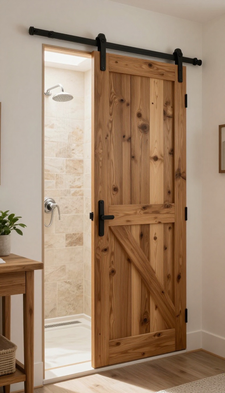 Sliding barn door shower enclosure with reclaimed wood door in a rustic farmhouse bathroom
