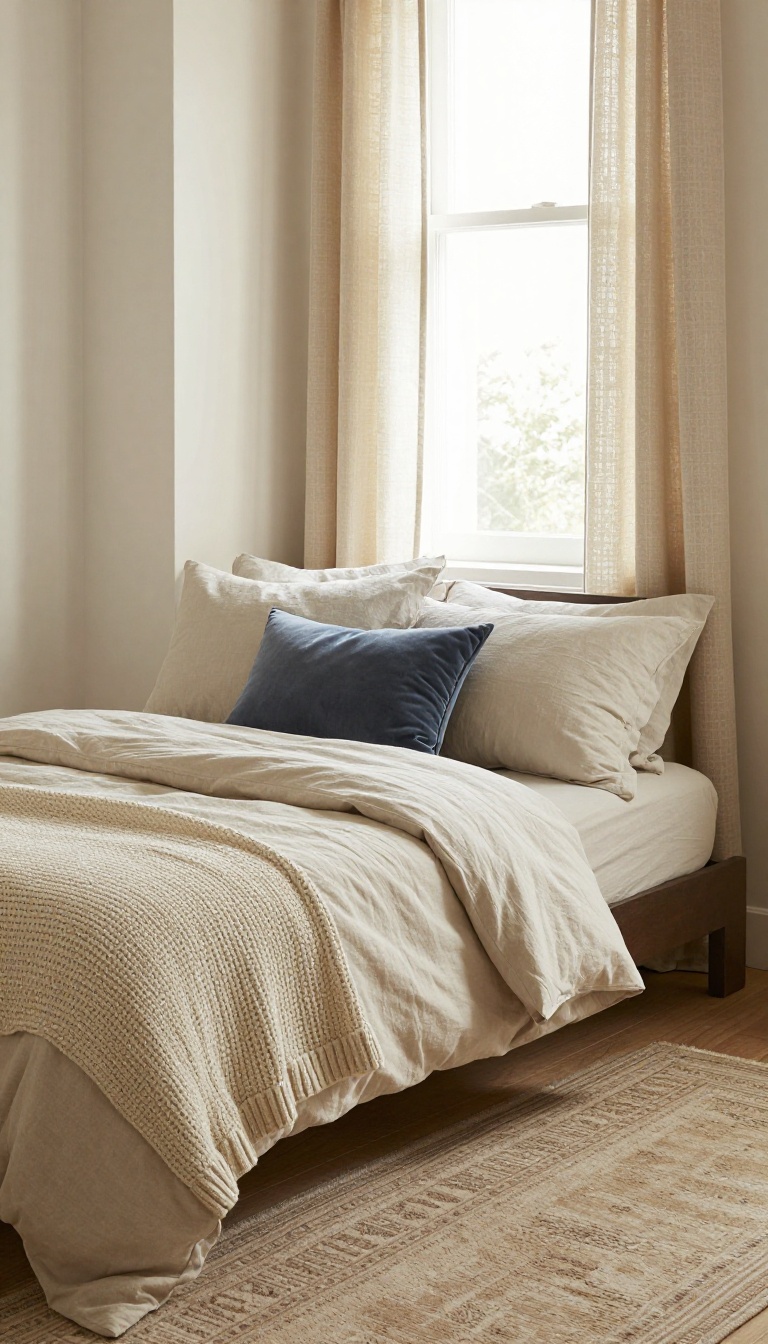 Cozy small bedroom with layered textiles and patterned rug