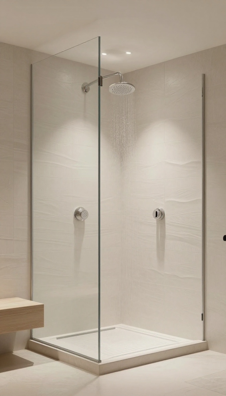 Walk-in shower with light neutral textured tiles and open design