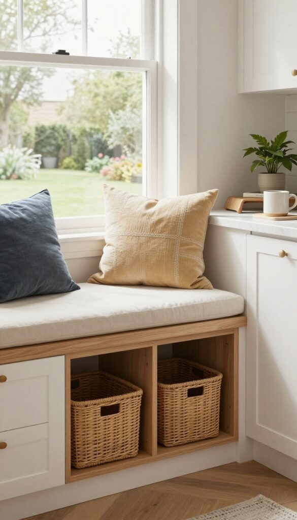 Cozy kitchen window nook with built-in bench, cushions, and storage