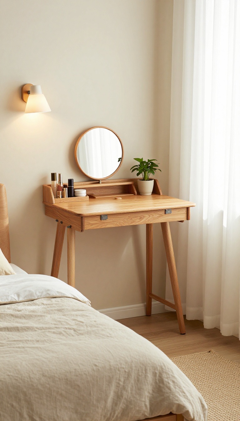 Fold-down desk vanity in a small bedroom with mirror and makeup essentials
