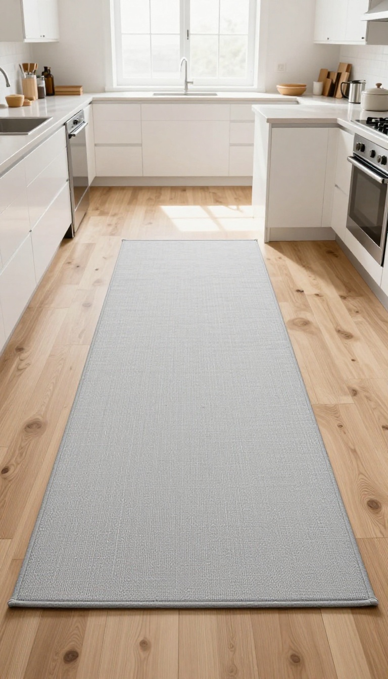 Low-pile kitchen runner rug in a bright, clean kitchen with easy-to-clean flat weave texture.