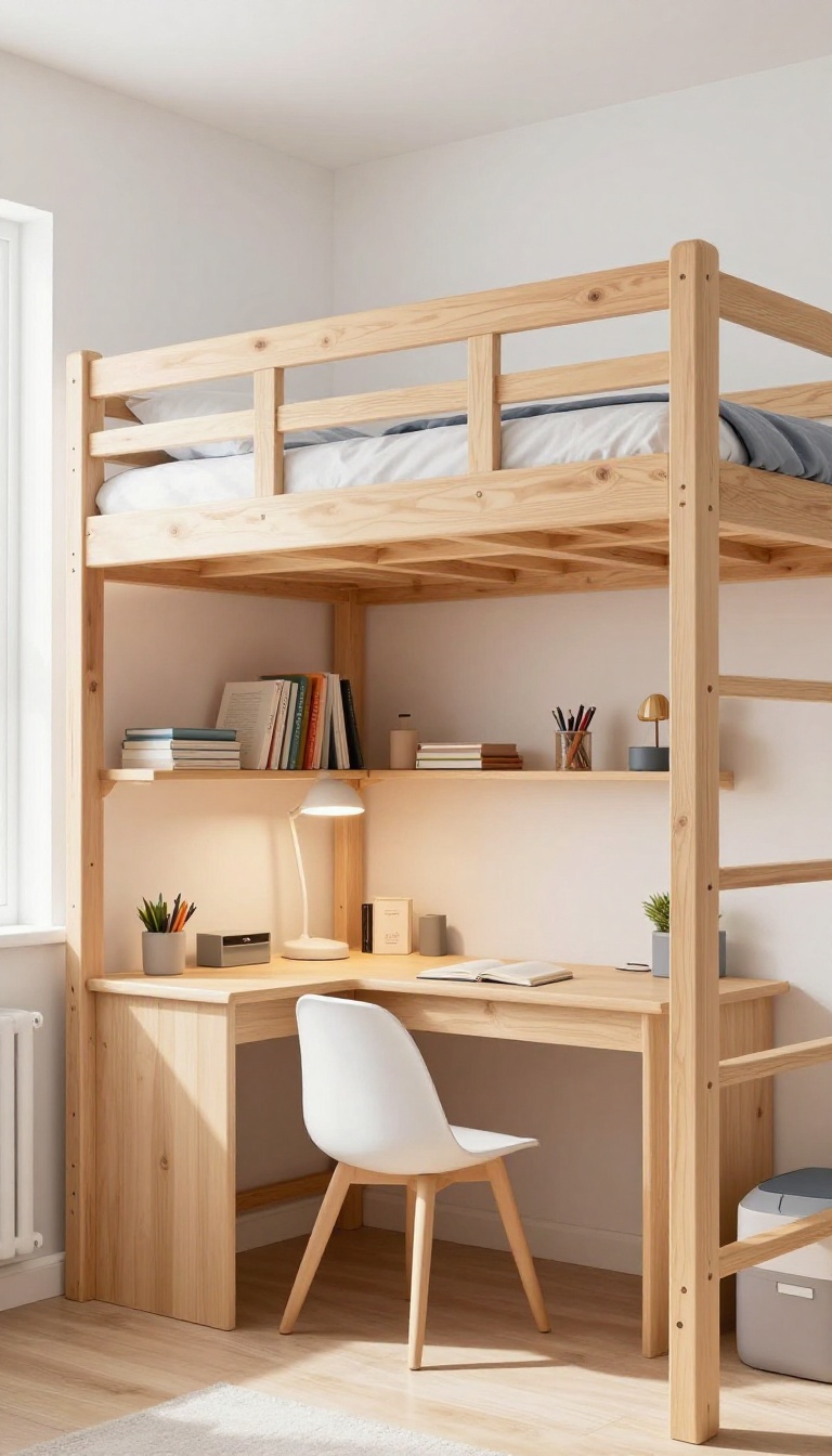 Loft bed with study nook underneath in a small boys bedroom
