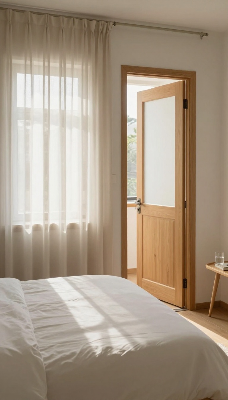A guest bedroom with closed blackout curtains and a door with a privacy lock, creating a private and relaxing atmosphere.