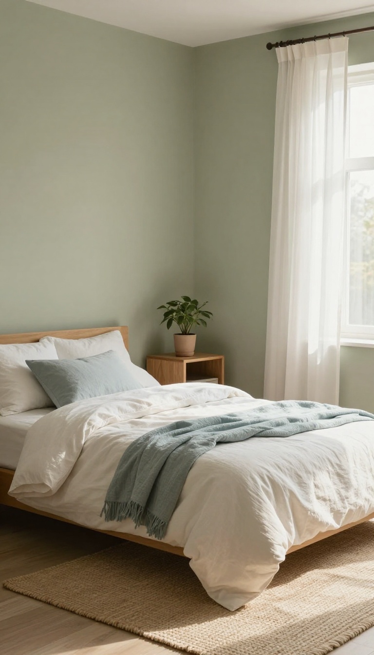 Cozy small bedroom with calming sage green and dusty blue palette, warm white bedding, natural light, and minimal decor