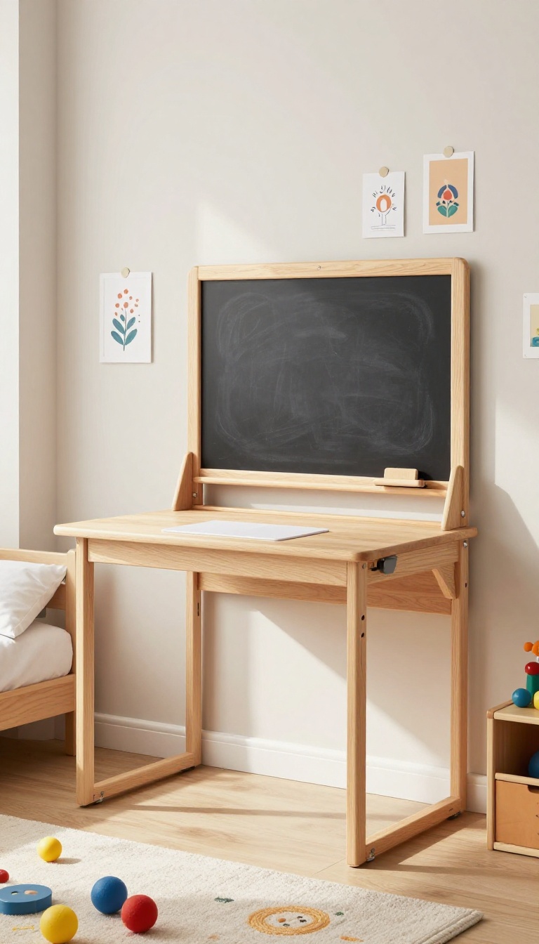Small boy's bedroom with a closed fold-down desk on the wall, blending with the decor.