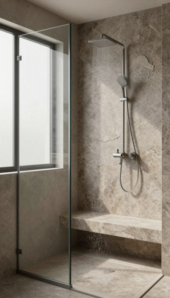 Stone bench with natural texture in a modern shower
