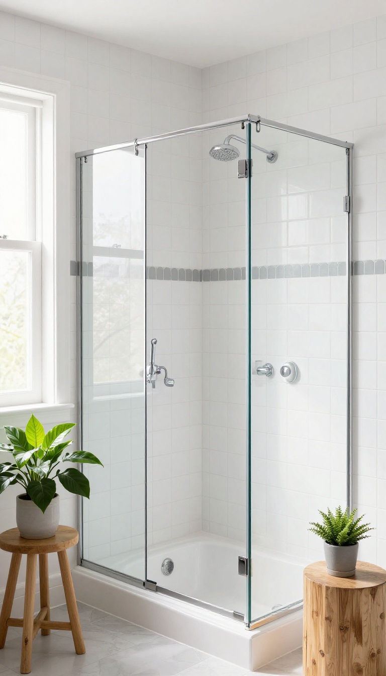 White subway tile tub shower with a hexagon tile accent band in a bright modern bathroom