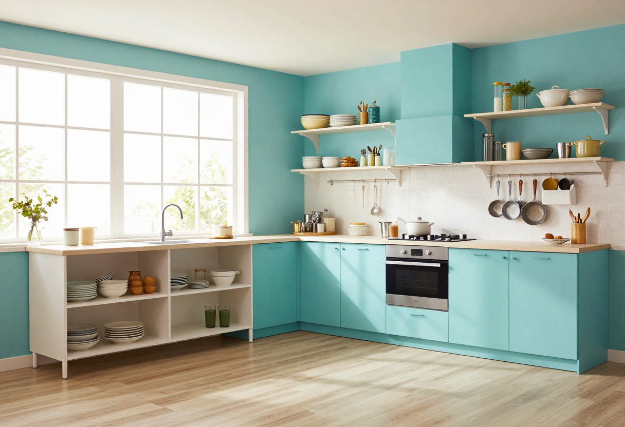 Turquoise kitchen with space-saving shelving and storage solutions