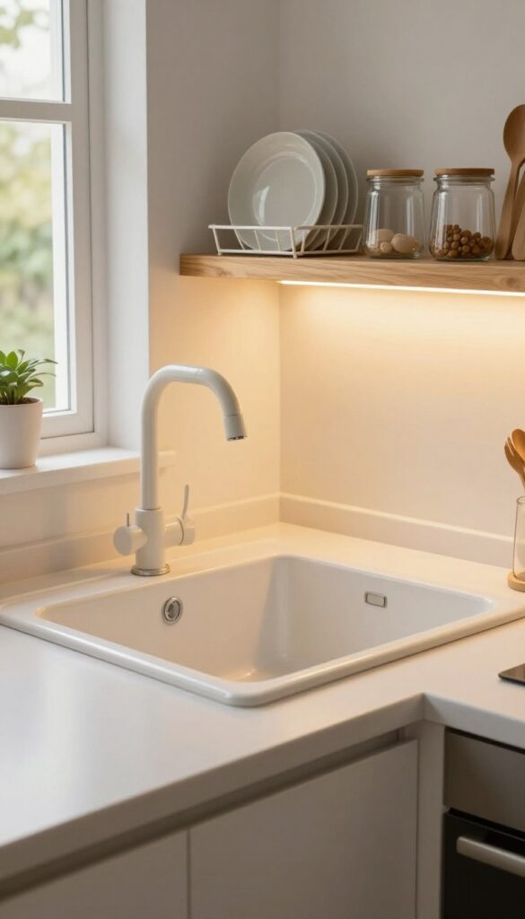 Warm under-shelf lighting above a kitchen sink, illuminating the countertop with a cozy glow.