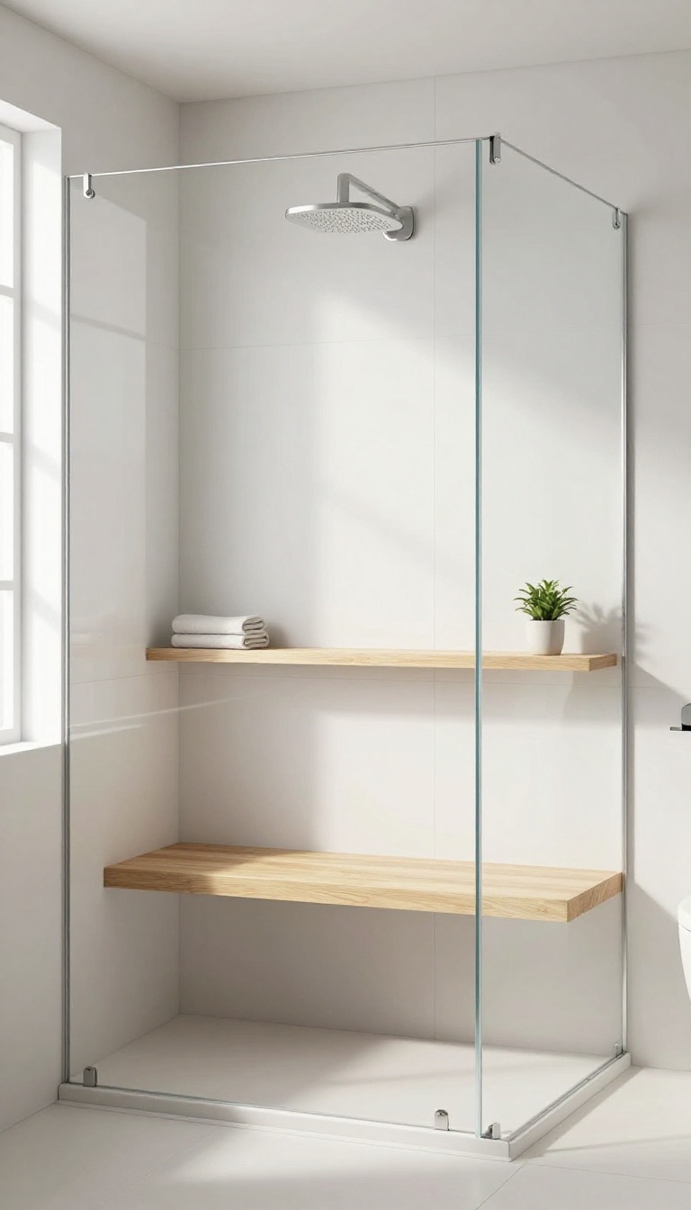 Floating shower seat in a modern minimalist bathroom with open floor space and natural light.