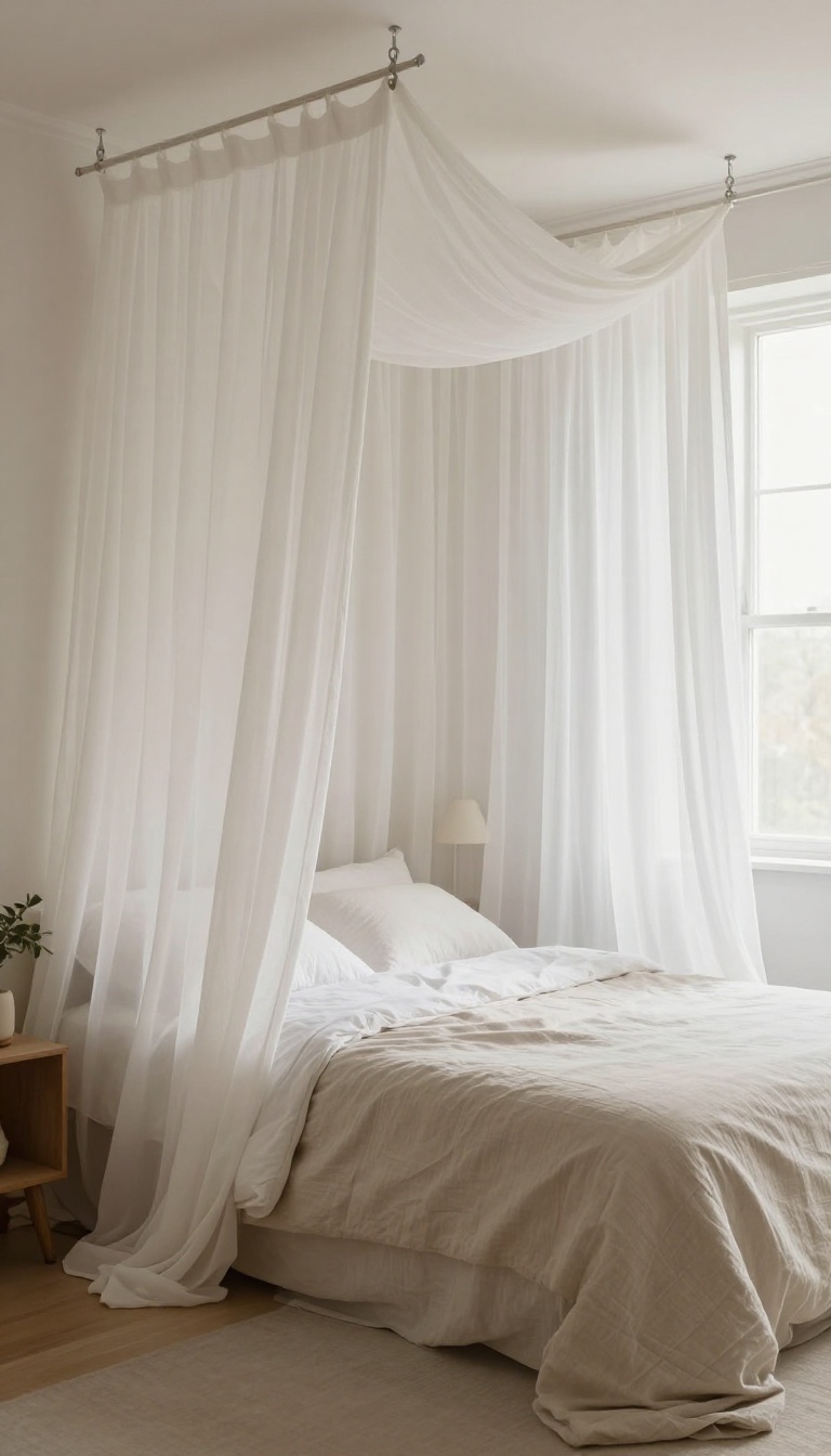 Cozy small bedroom with a sheer fabric canopy draped over the bed, creating a soft and intimate nook with warm natural light.